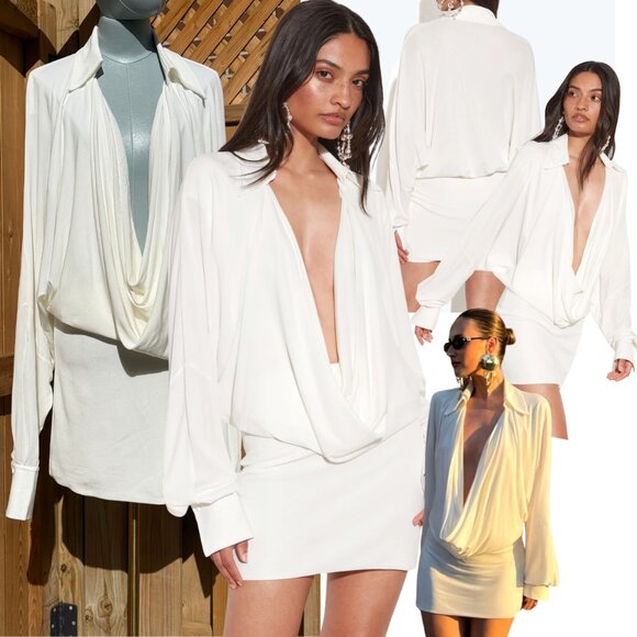 🆕 RAT & BOA 🧿 NWOT Stella White Long Sleeve Cowl Neck Mini Dress, Sz M - Picture 1 of 17